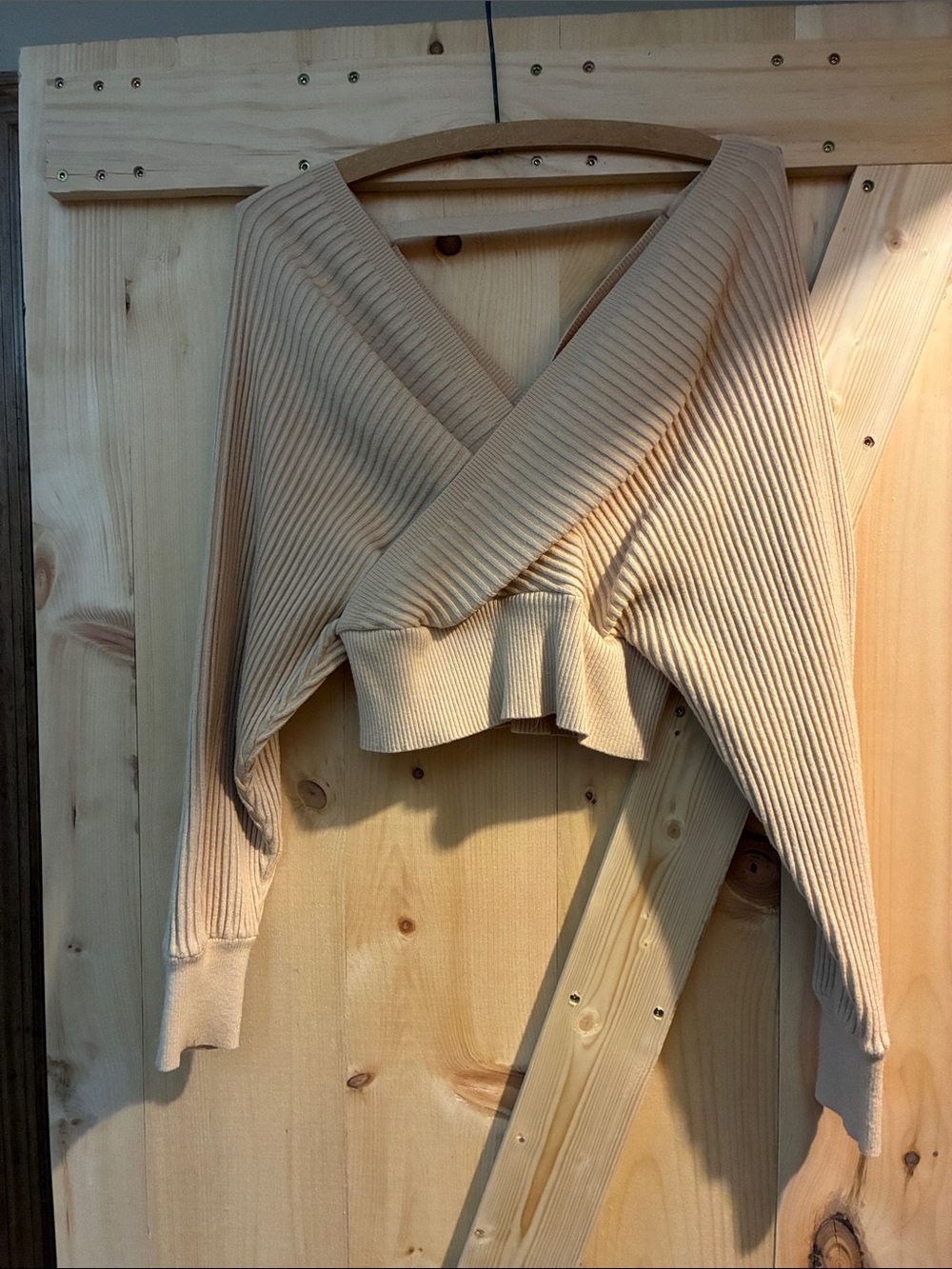 Windsor Beige Ribbed Wrap V-Neck Cropped Sweater